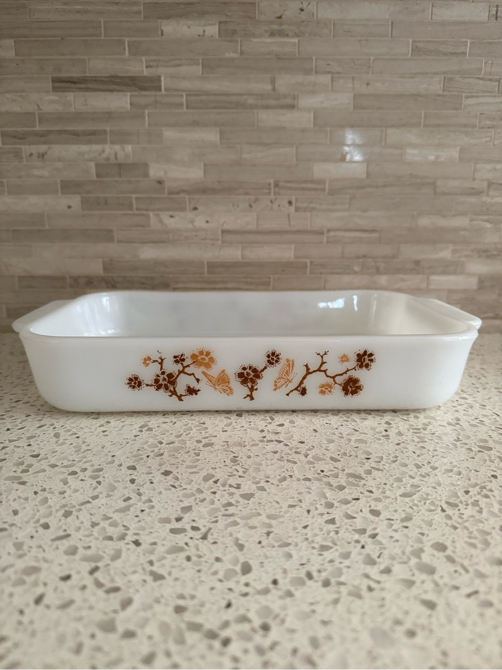 Vintage Termo Rey Milk Glass Rectangle Baking Casserole Dish Floral & Butterfly